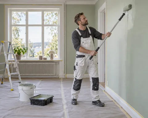 Yrkesmålare i arbetskläder med roller, skyddstäckt golv och målarutrustning, i en fiktiv annons.
