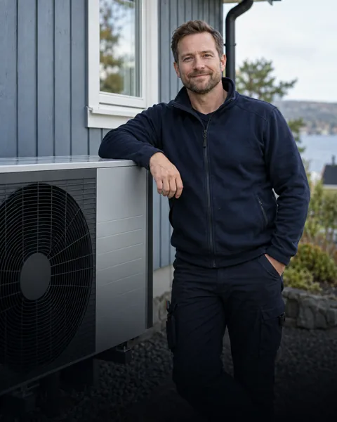 Installatör vid en värmepump och ett trähus, i en fiktiv VVS-annons.